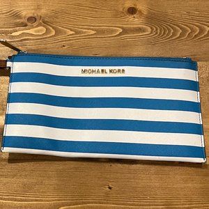 Michael Kors Blue and White Striped Large Wristlet